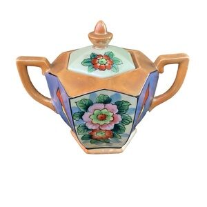 Vintage Handpainted Japan Lidded Sugar Bowl Art Deco Accents